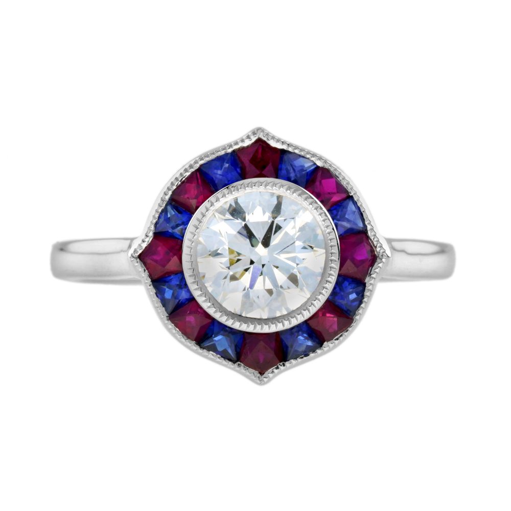 GIA Diamond with Ruby and Sapphire Art Deco Style Engagement Ring