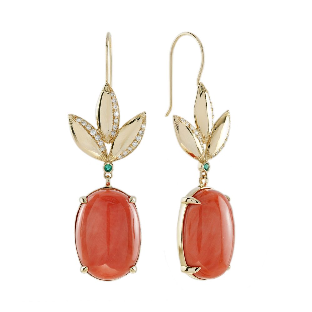 28.4 Ct. Coral Emerald Diamond Dangle Earrings