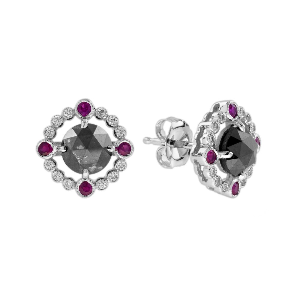 2.02 Ct. Black Diamond and Ruby Art Deco Inspired Stud Earrings