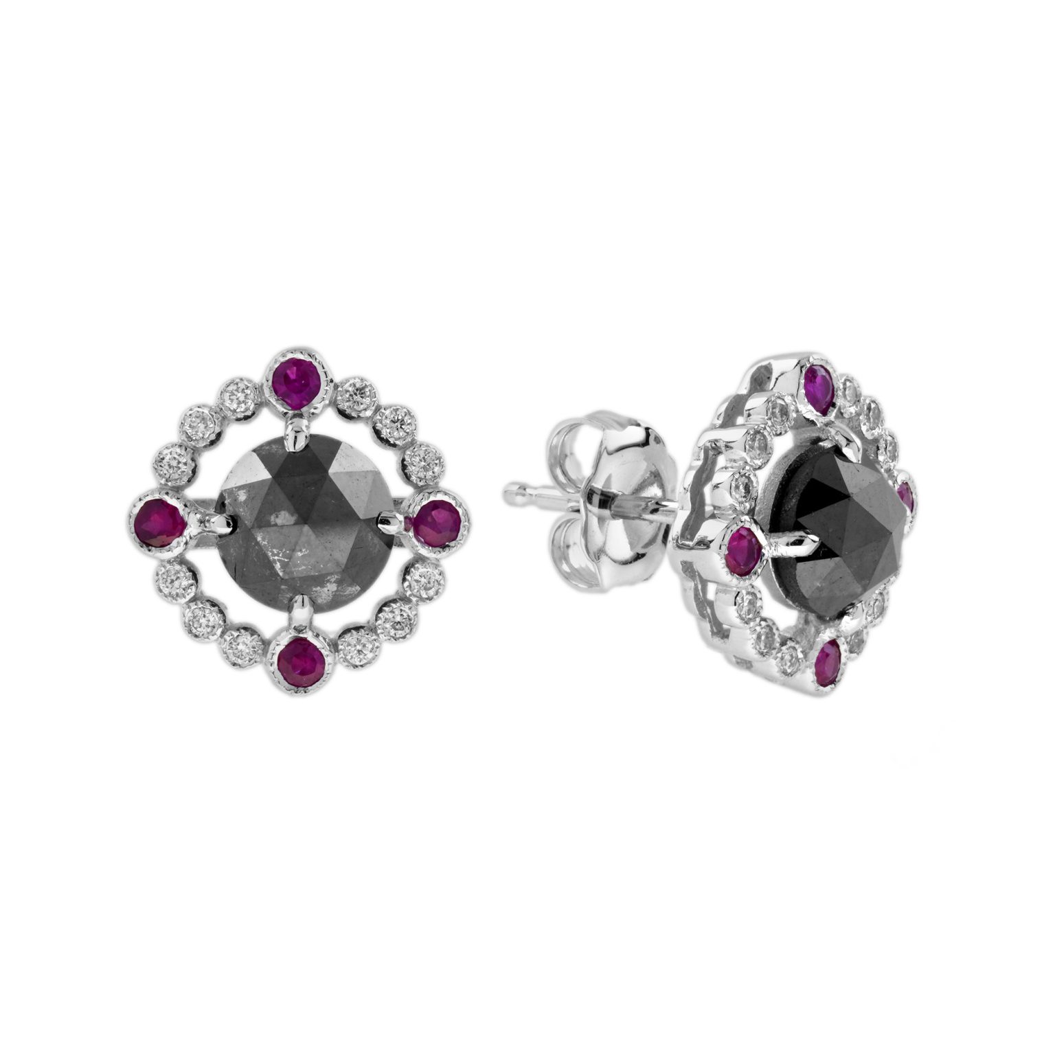 2.02 Ct. Black Diamond and Ruby Art Deco Inspired Stud Earrings