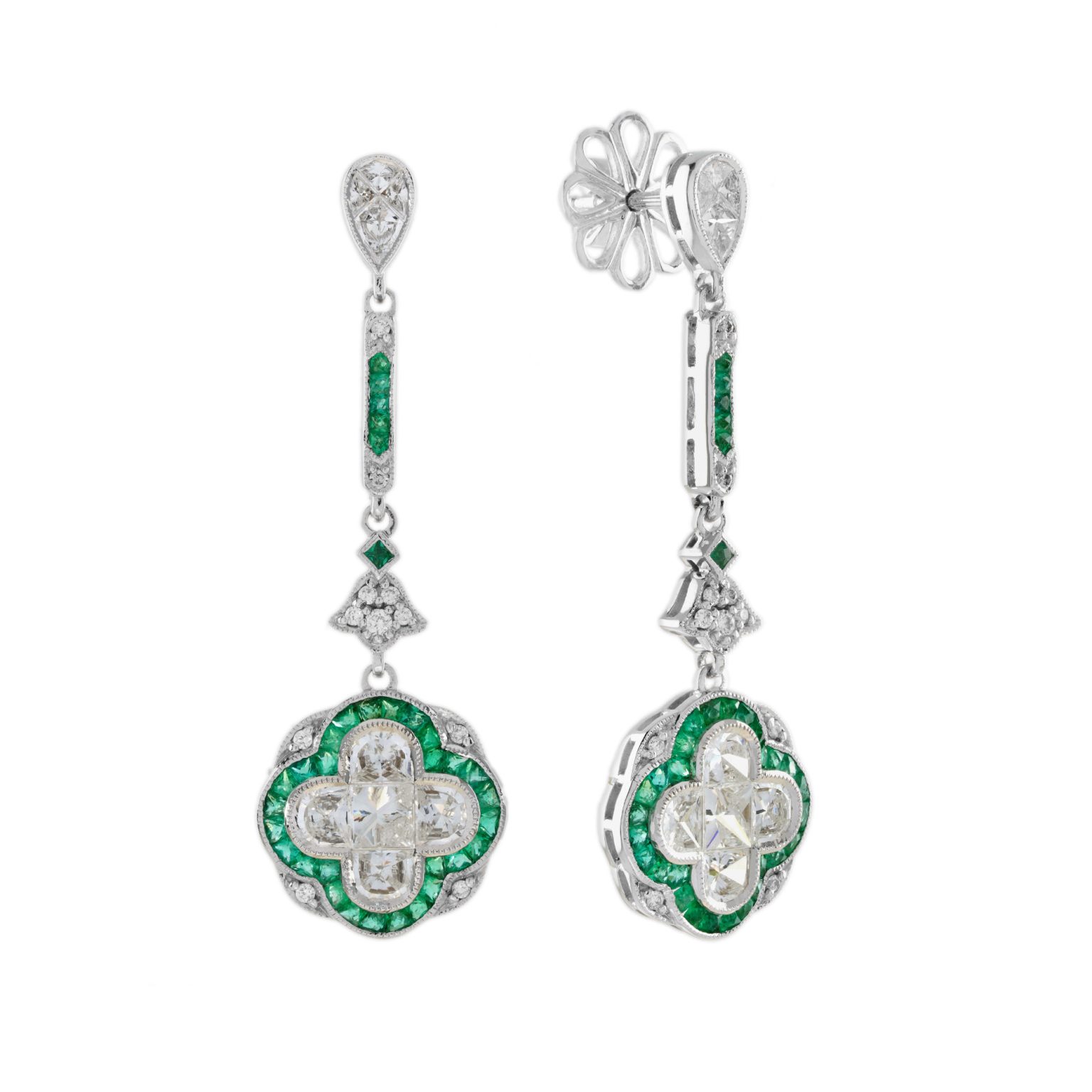 Diamond and Emerald Art Deco Style Lily Shape Drop Earrings