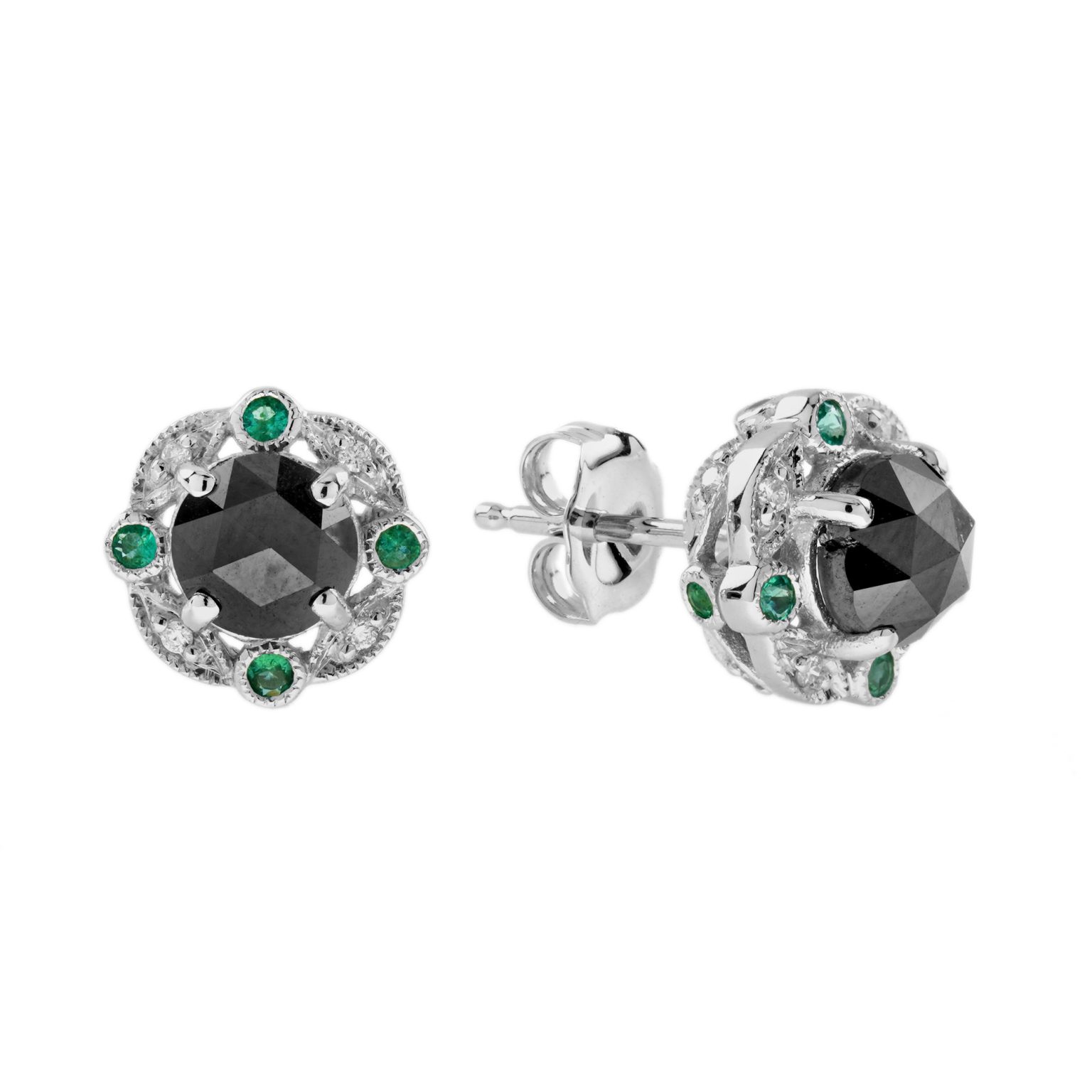 1.95 Ct. Black Diamond and Emerald Art Deco Inspired Stud Earrings
