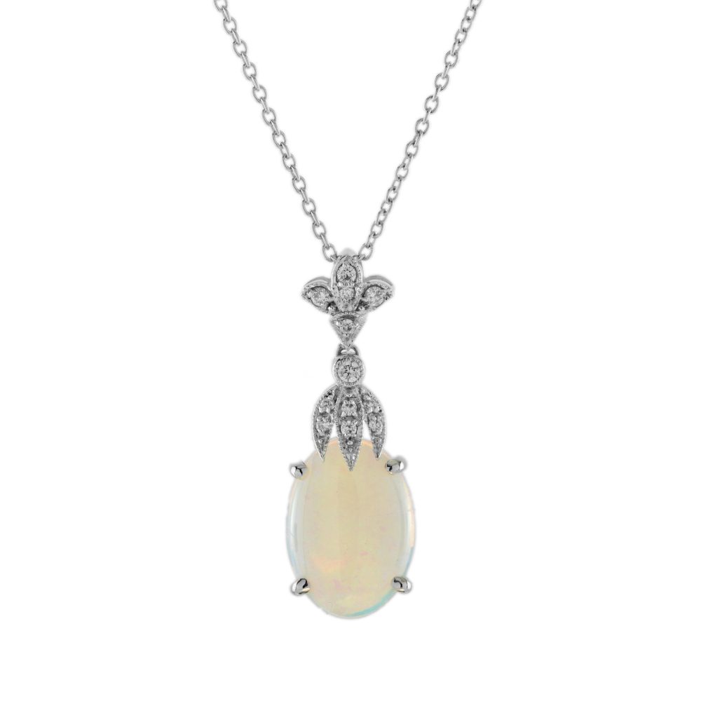 3.62 Ct. Oval Opal and Diamond Vintage Style Necklace