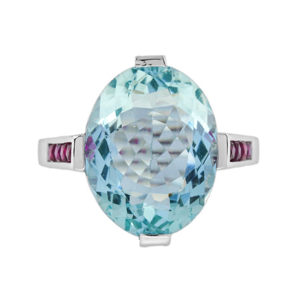 6.34 Ct. Aquamarine and Ruby Antique Design Cocktail Ring