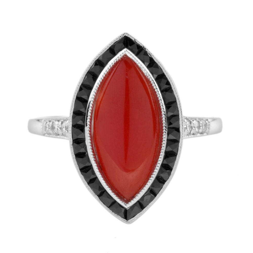 Marquise AKA Coral Onyx and Diamond Art Deco Style Ring
