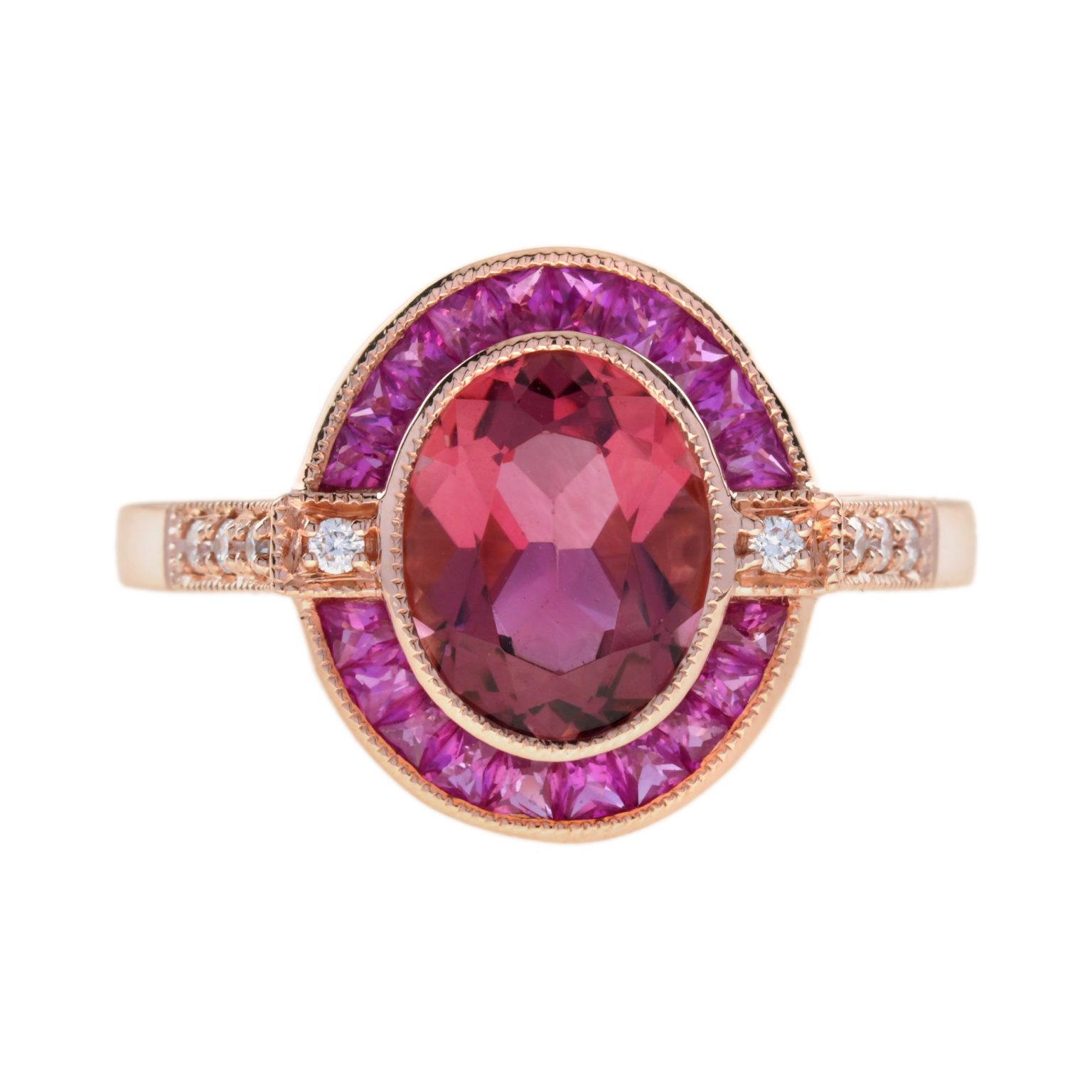 Oval Pink Tourmaline Ruby and Diamond Art Deco Style Engagement Ring