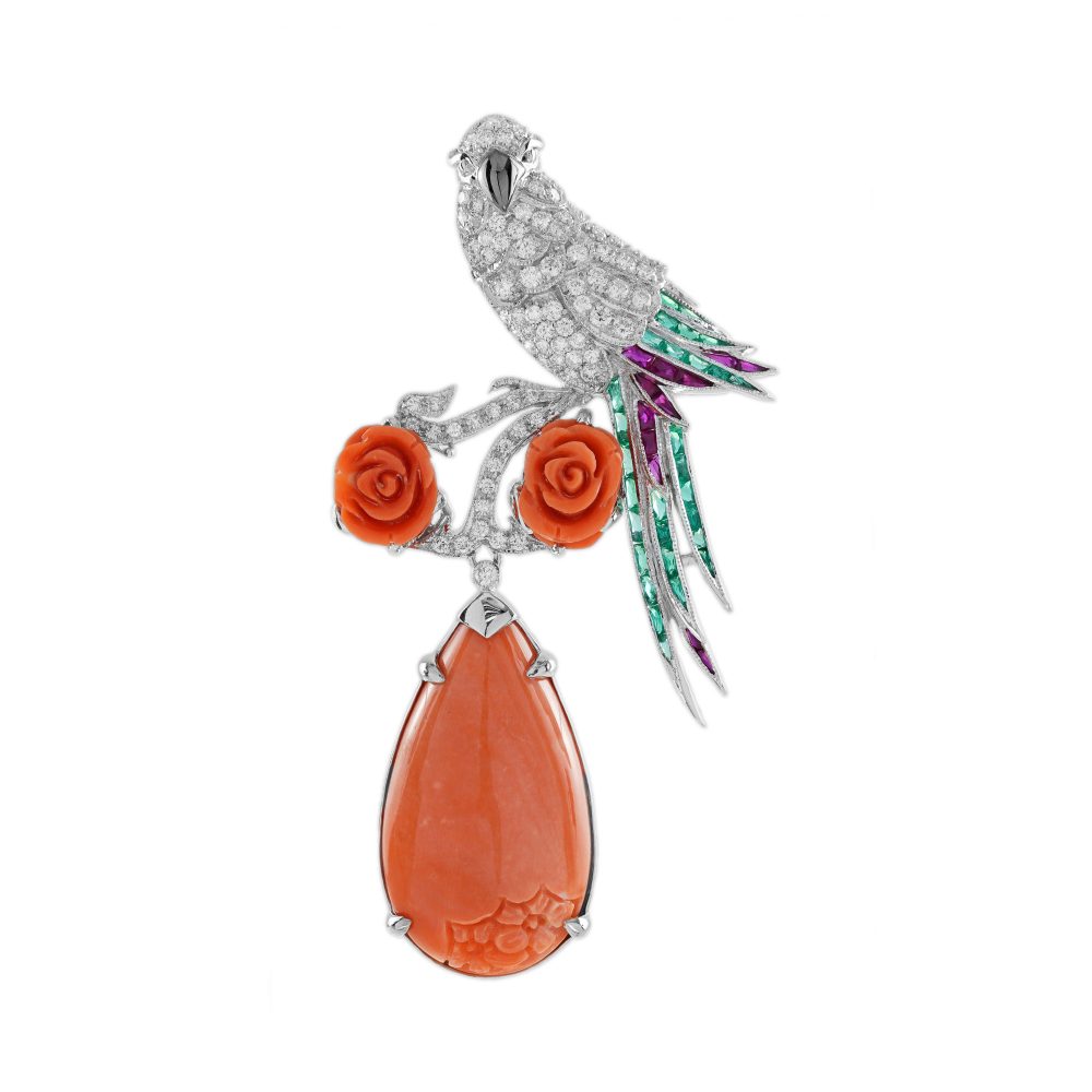 Carved Coral with Diamond Emerald Ruby Exotic Bird Brooch