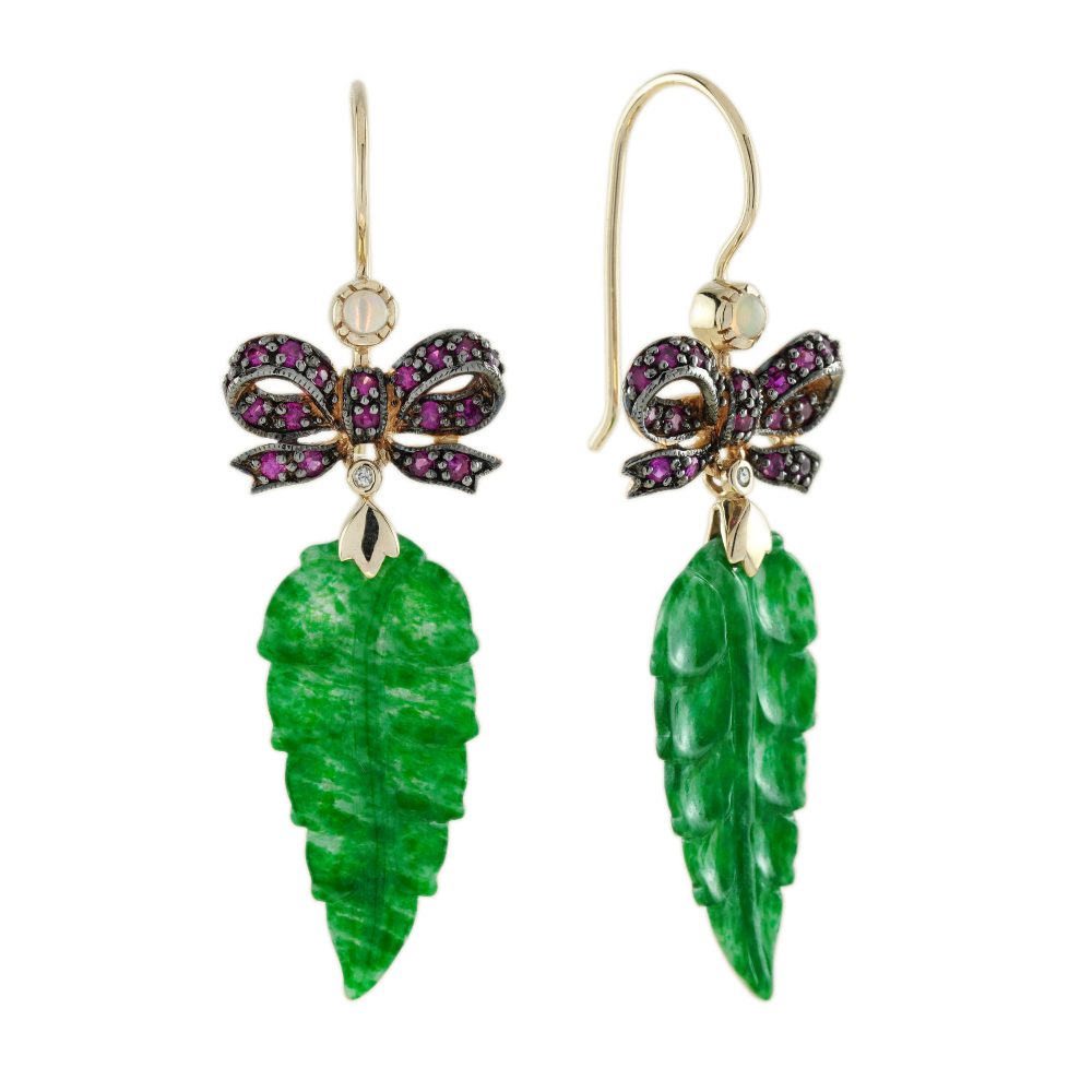 Carved Jade Leaf and Ruby Bow Edwardian Style Drop Earrings