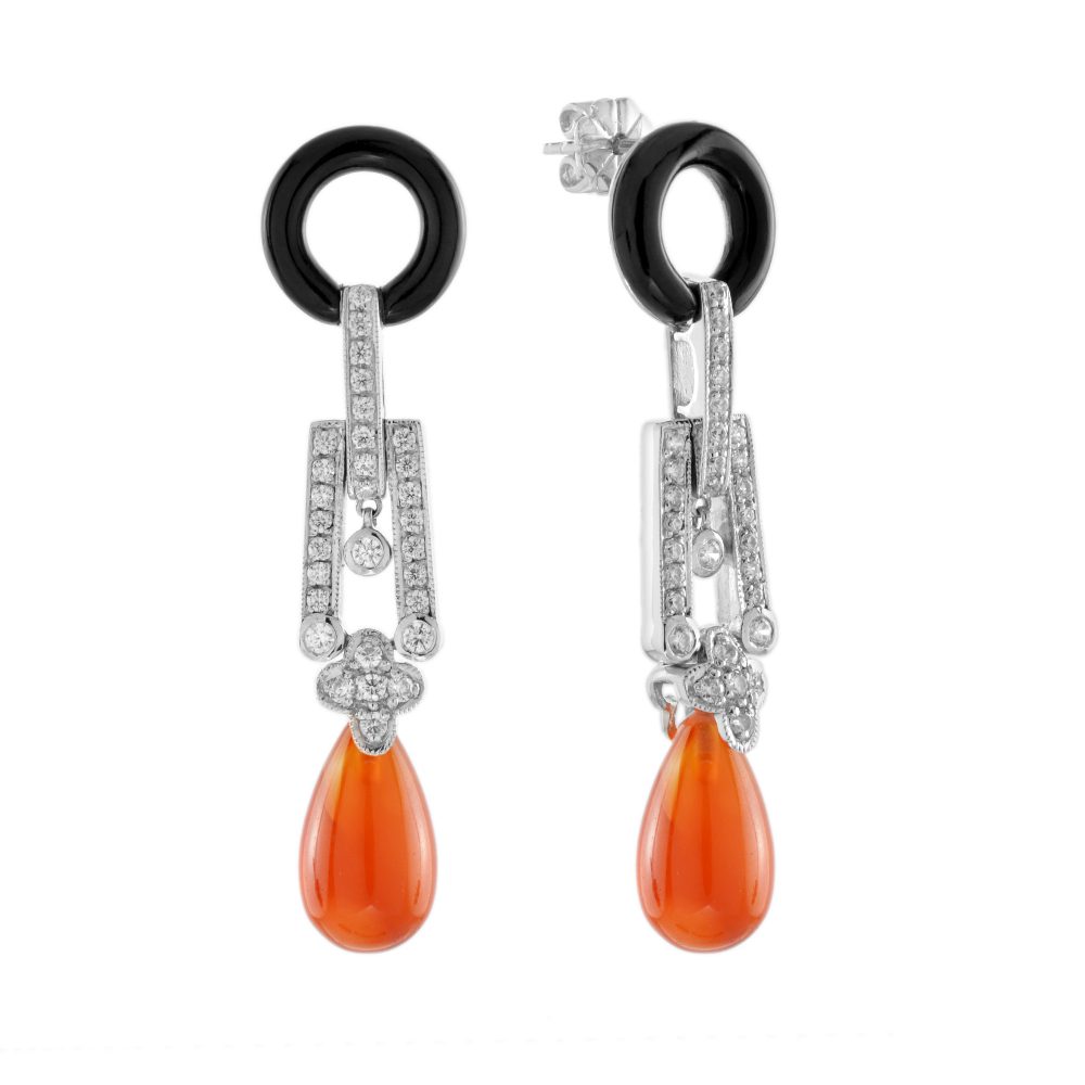 Carnelian Diamond Onyx Art Deco Style Drop Earrings