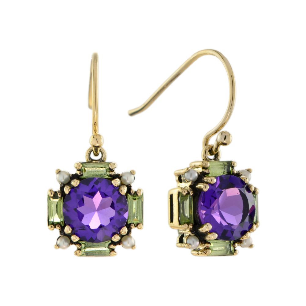 Amethyst and Peridot Vintage Style Dangle Earrings