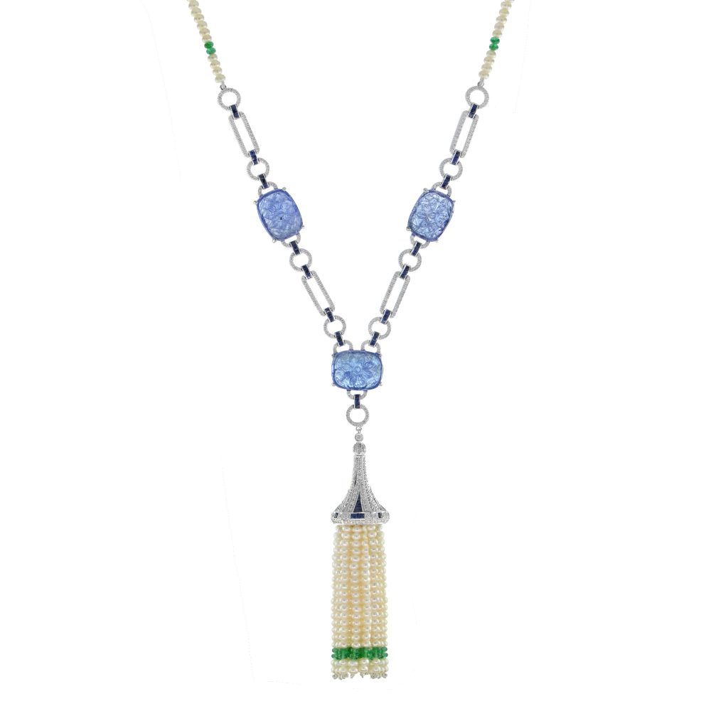 Carved Tanzanite Diamond Sapphire Emerald Pearl Tassel Necklace