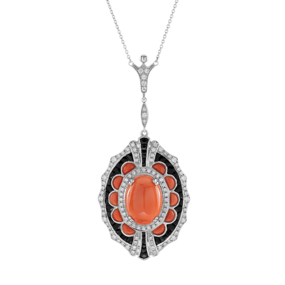 9.33 Ct. Oval Coral Diamond Onyx Vintage Style Necklace