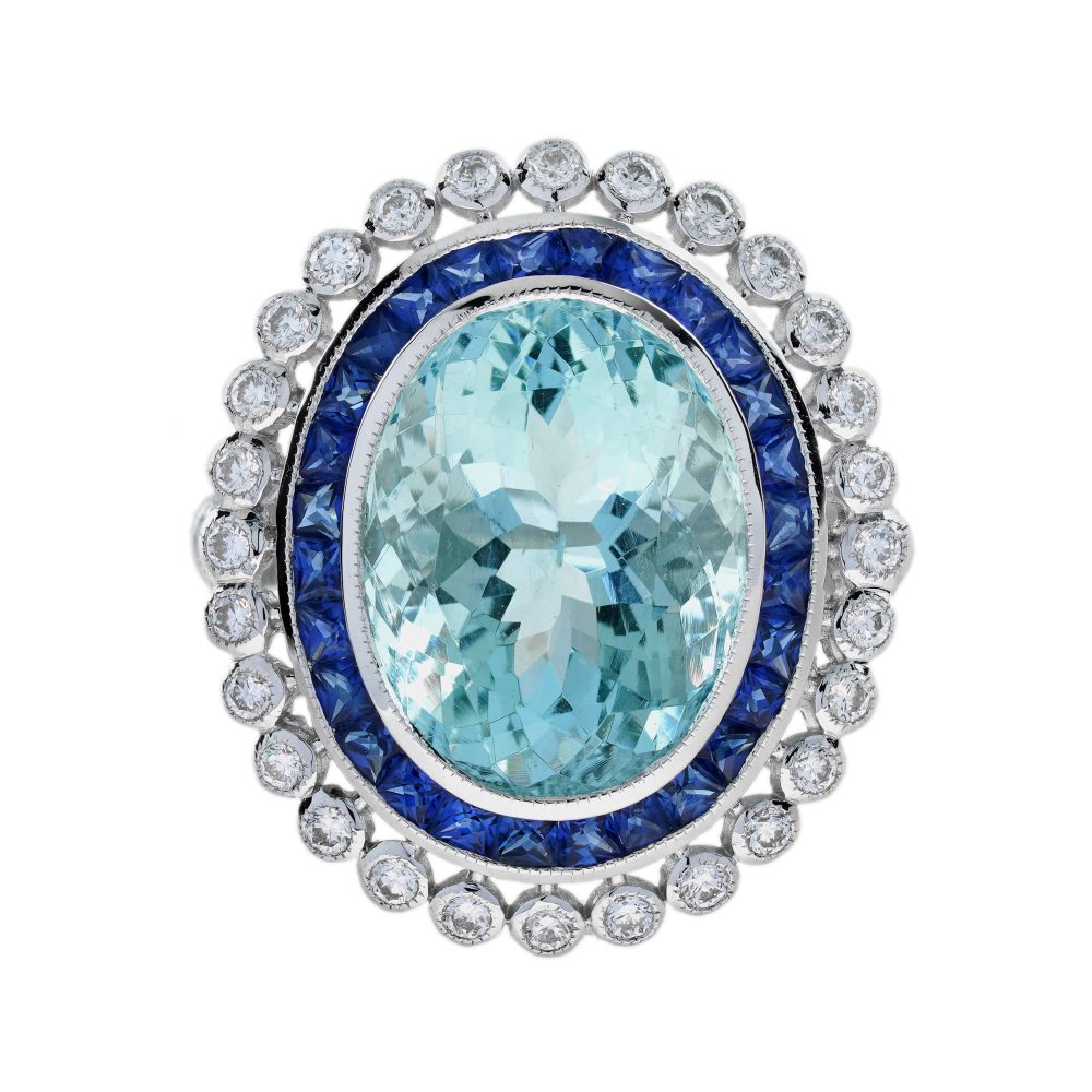 7.58 Ct. Oval Aquamarine Sapphire Diamond Art Deco Style Cocktail Ring