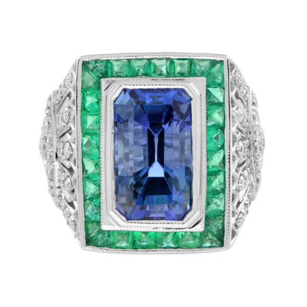 Tanzanite with Emerald and Diamond Art Deco Style Rectangular Ring - Image 12