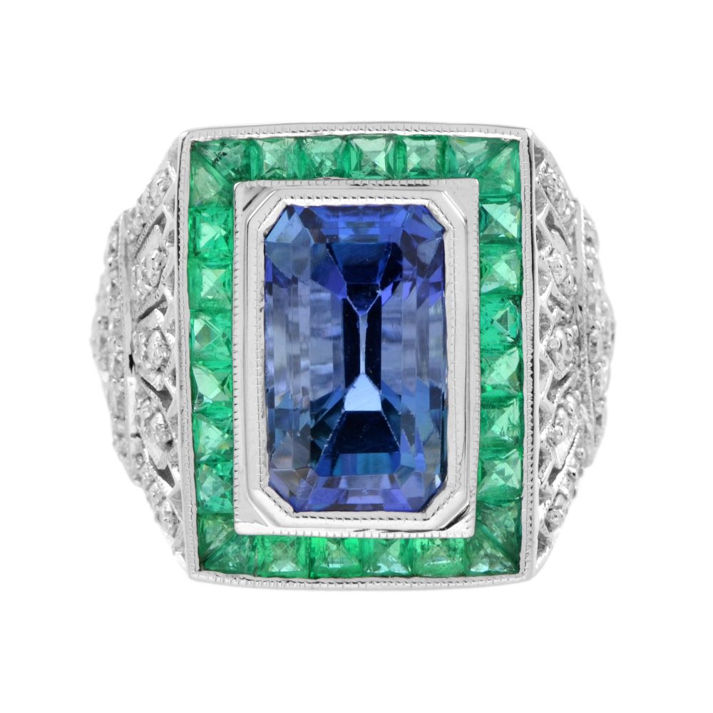 Tanzanite with Emerald and Diamond Art Deco Style Rectangular Ring