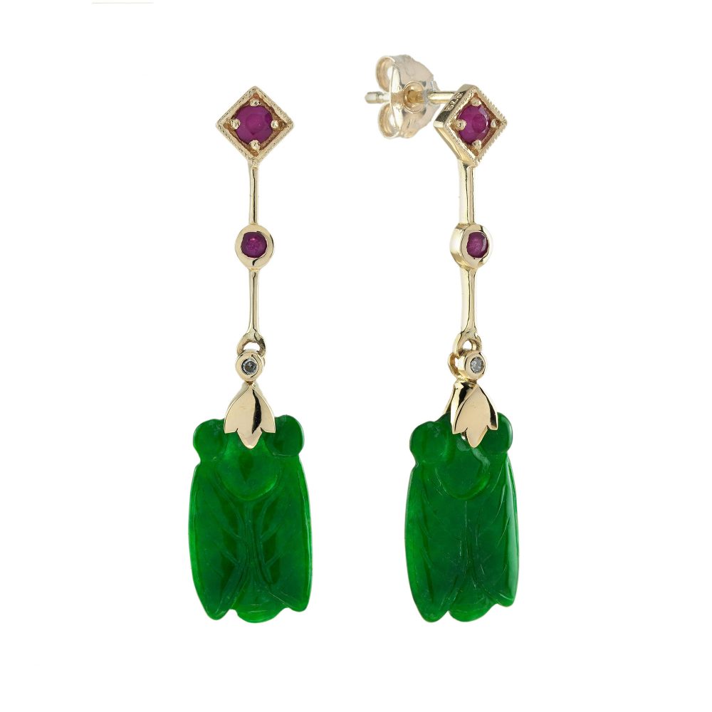Bee Carved Jade Ruby Diamond Vintage Style Dangle Earrings
