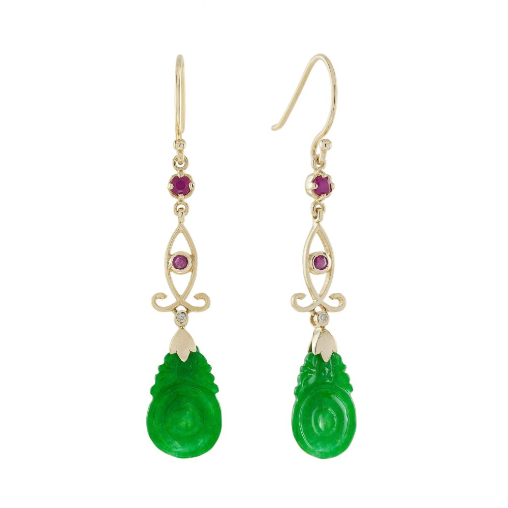 Carved Jade Ruby Diamond Vintage Style Dangle Earrings