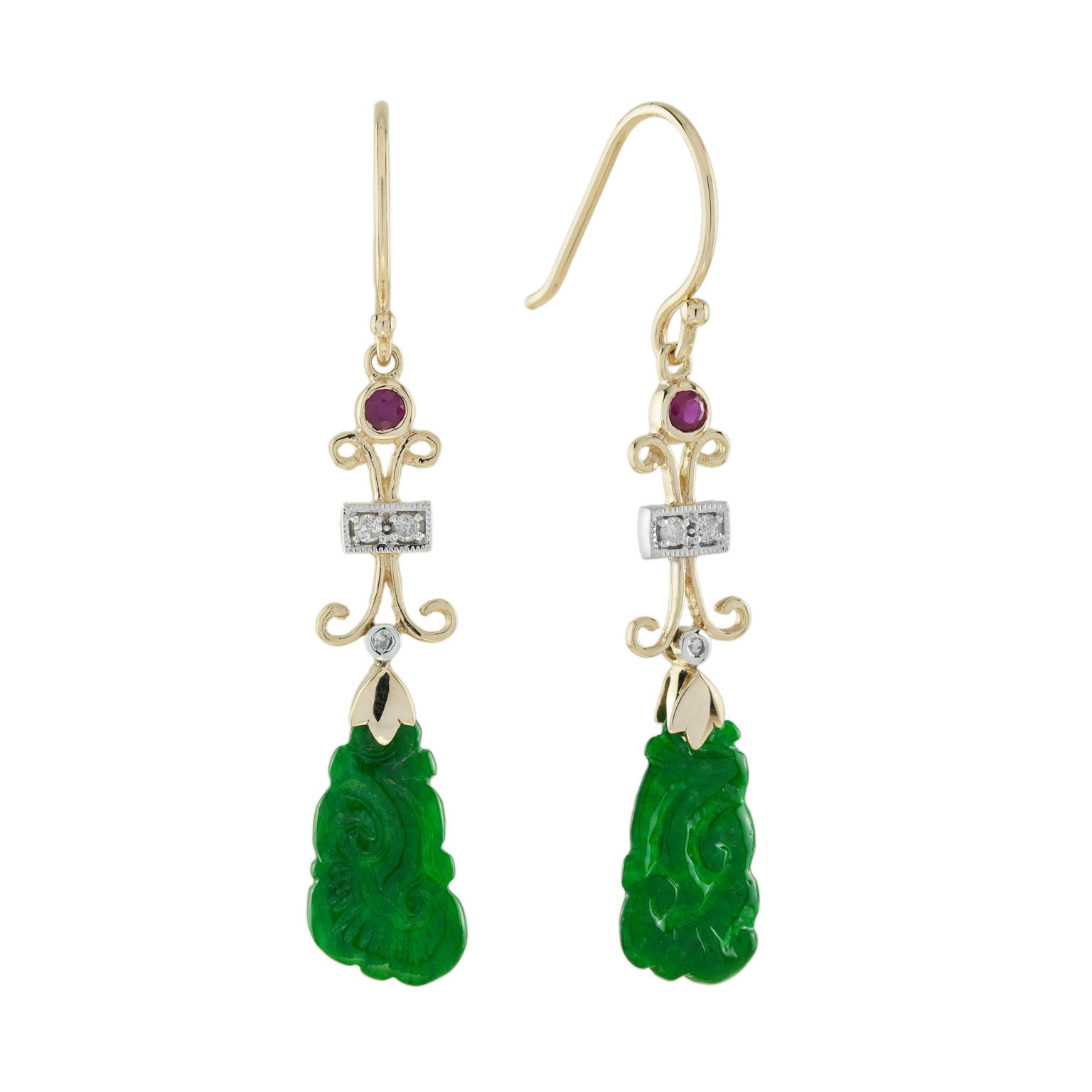 Carved Jade Ruby Diamond Vintage Style Dangle Earrings