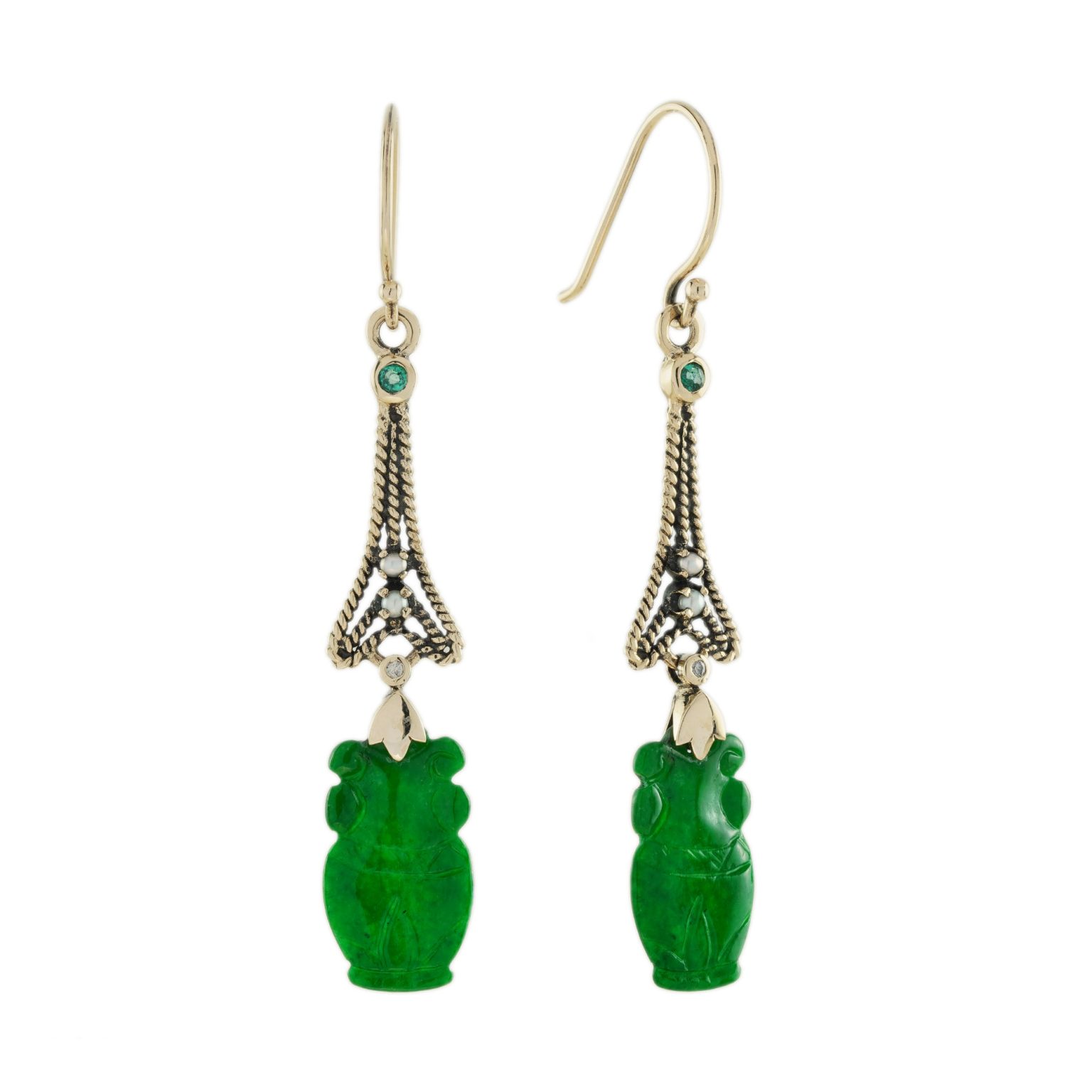 Vase Carved Jade Emerald Pearl Diamond Dangle Earrings