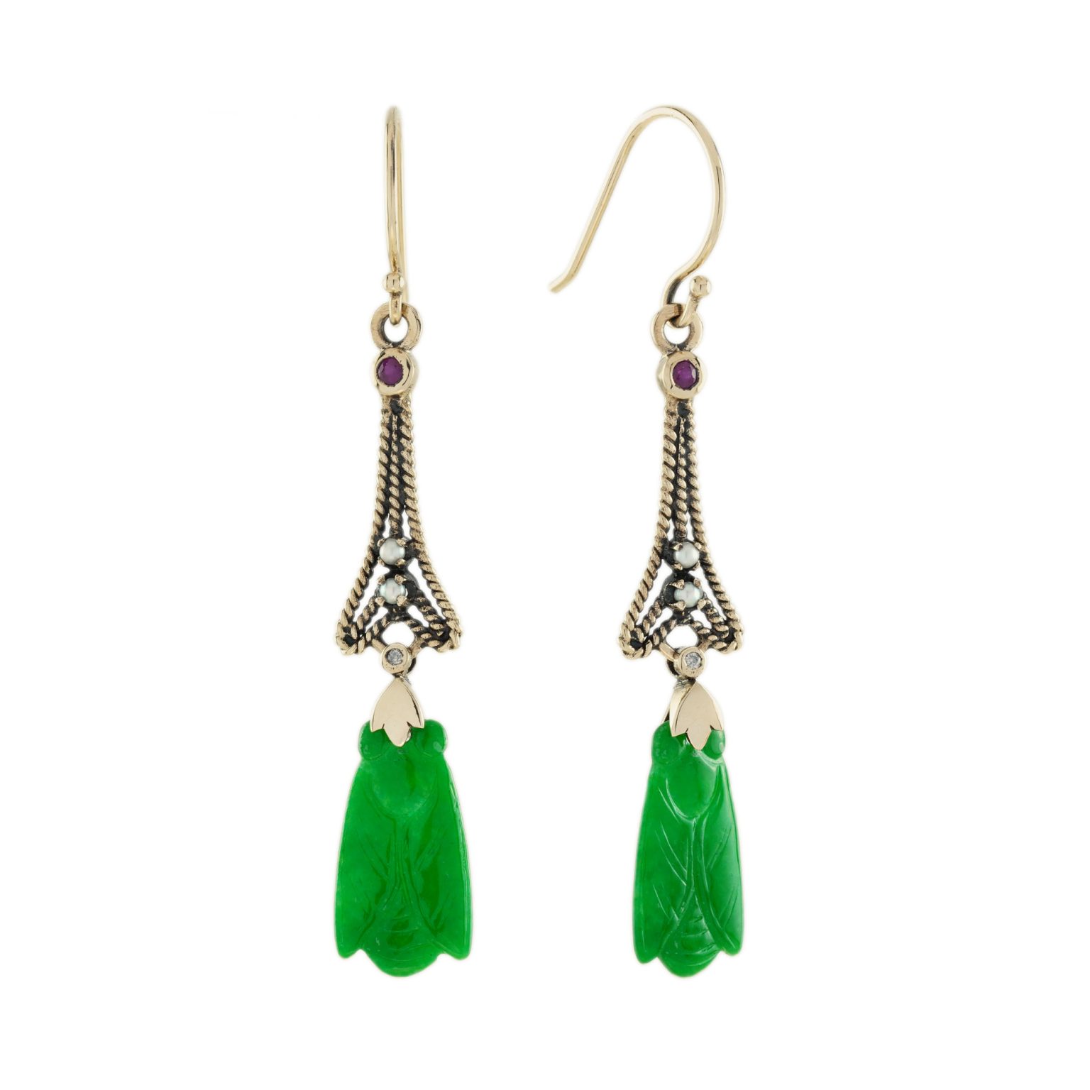 Bee Carved Jade Ruby Pearl Diamond Dangle Earrings