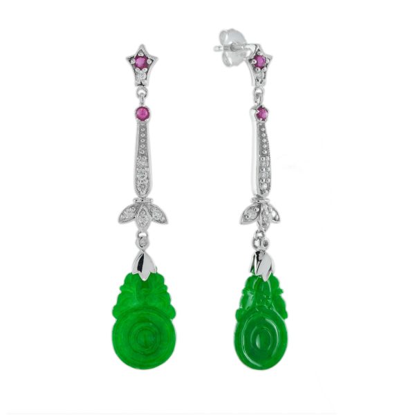 Orange Fruit Carved Jade Diamond Ruby Vintage Style Earrings - Image 6