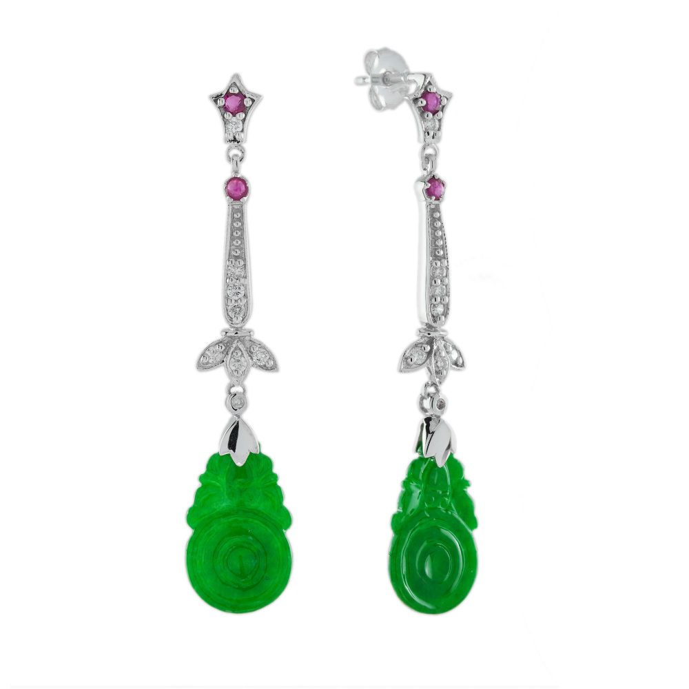 Orange Fruit Carved Jade Diamond Ruby Vintage Style Earrings