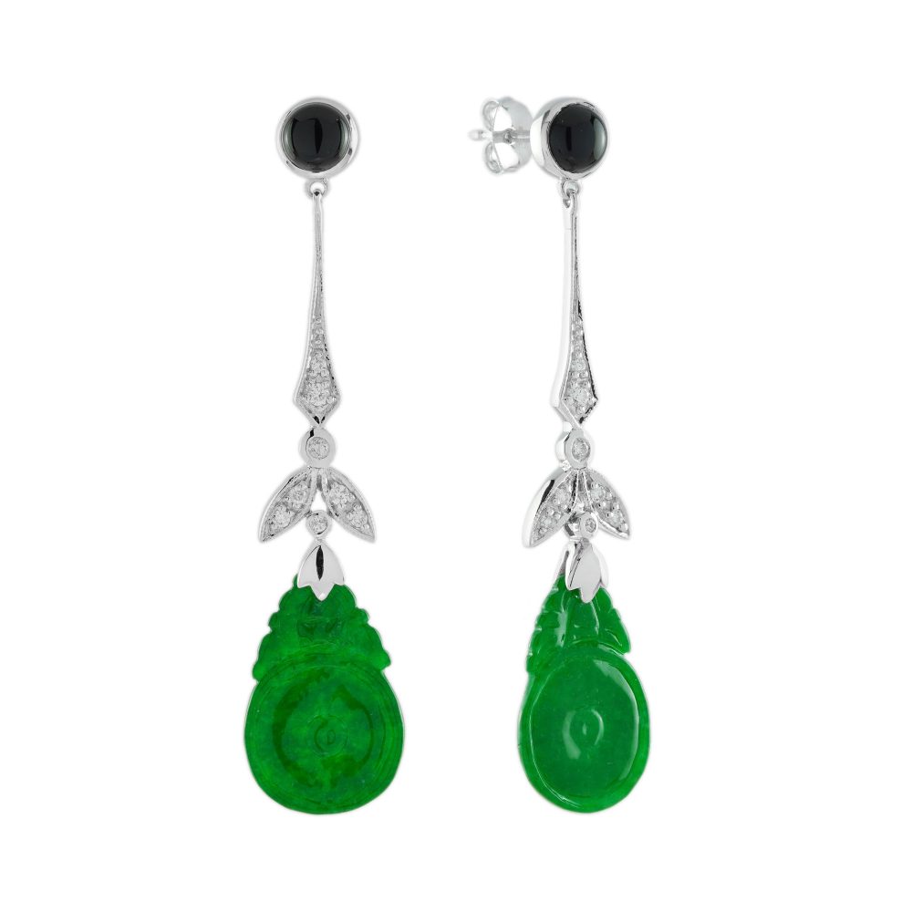 Orange Fruite Carved Jade Diamond Onyx Vintage Style Earrings