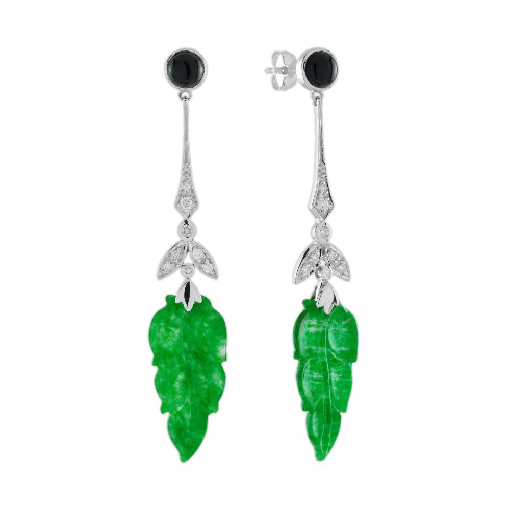 Leaf Carved Jade Diamond Onyx Vintage Style Earrings