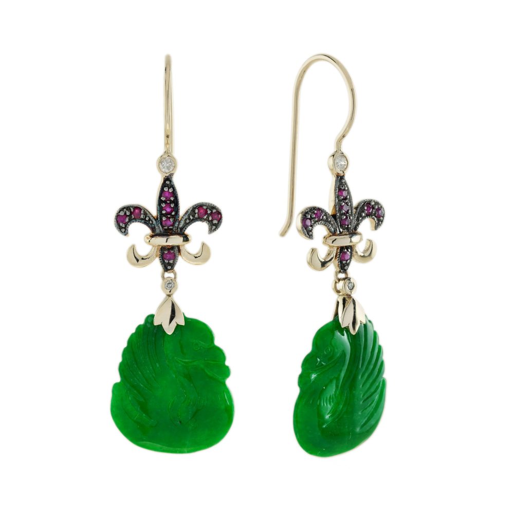 Swan Carved Jade Ruby Diamond Vintage Style Dangle Earrings