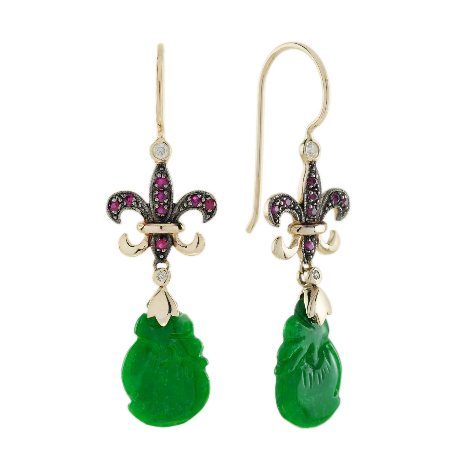 Carved Jade Ruby Diamond Vintage Style Dangle Earrings