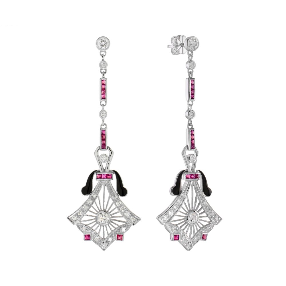 Ruby Diamond Black Enamel Art Deco Style Open Work Drop Earrings