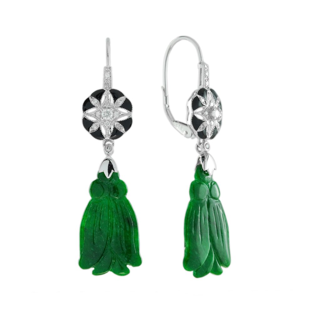 Tassel Carved Jade Diamond Enamel Vintage Style Earrings
