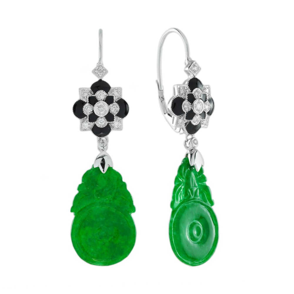 Orange Fruit Carved Jade Diamond Enamel Vintage Style Earrings