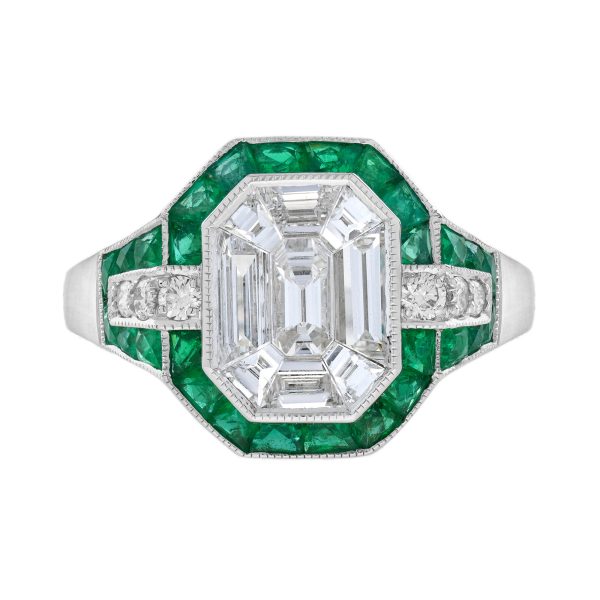 Diamond Illusion Set with Emerald Art Deco Style Engagement Ring - Image 12