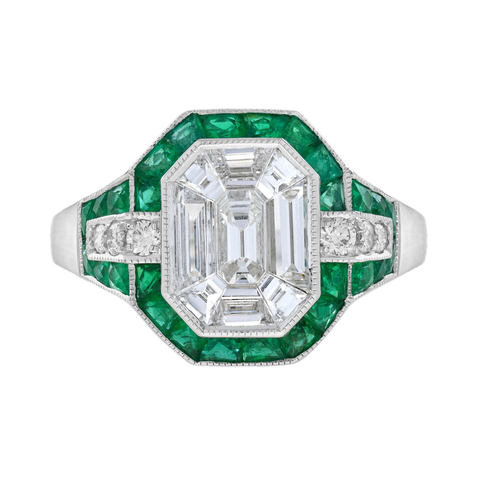 Diamond Illusion Set with Emerald Art Deco Style Engagement Ring