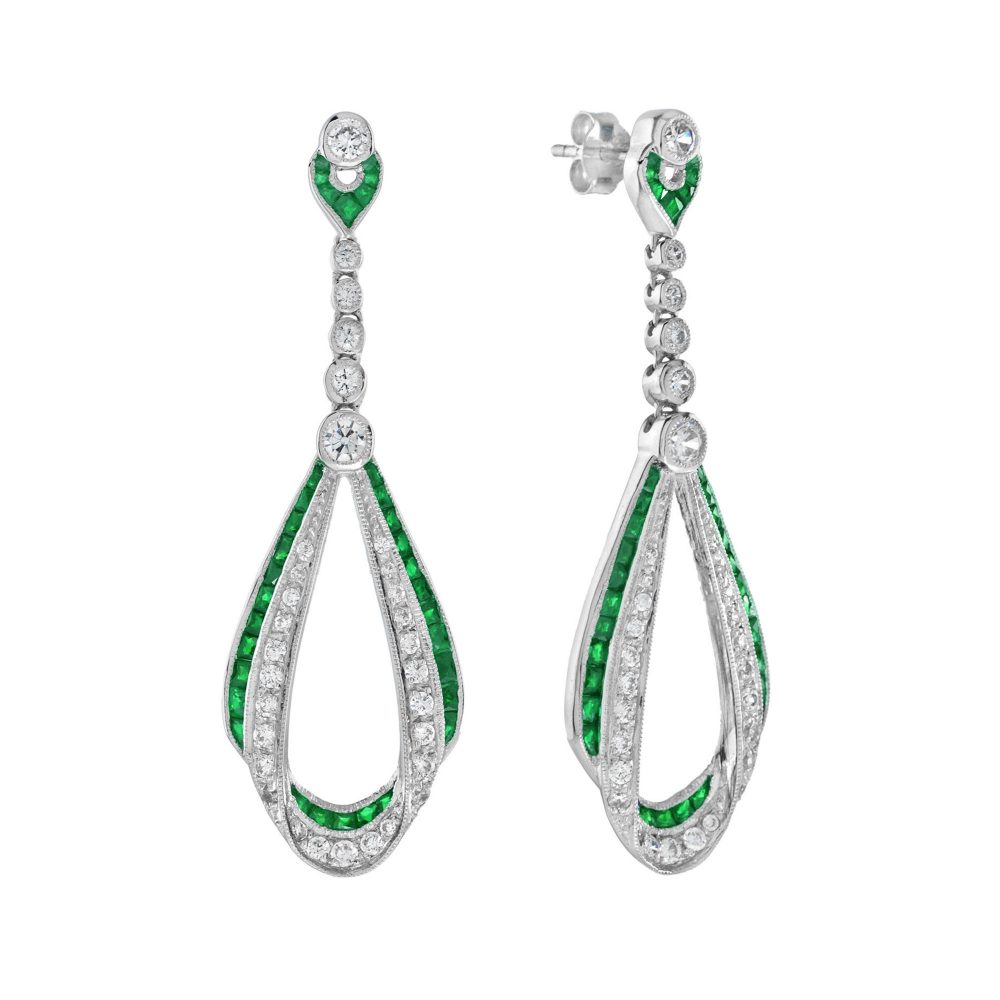 Emerald and Diamond Art Deco Style Ribbon Drop Earrings