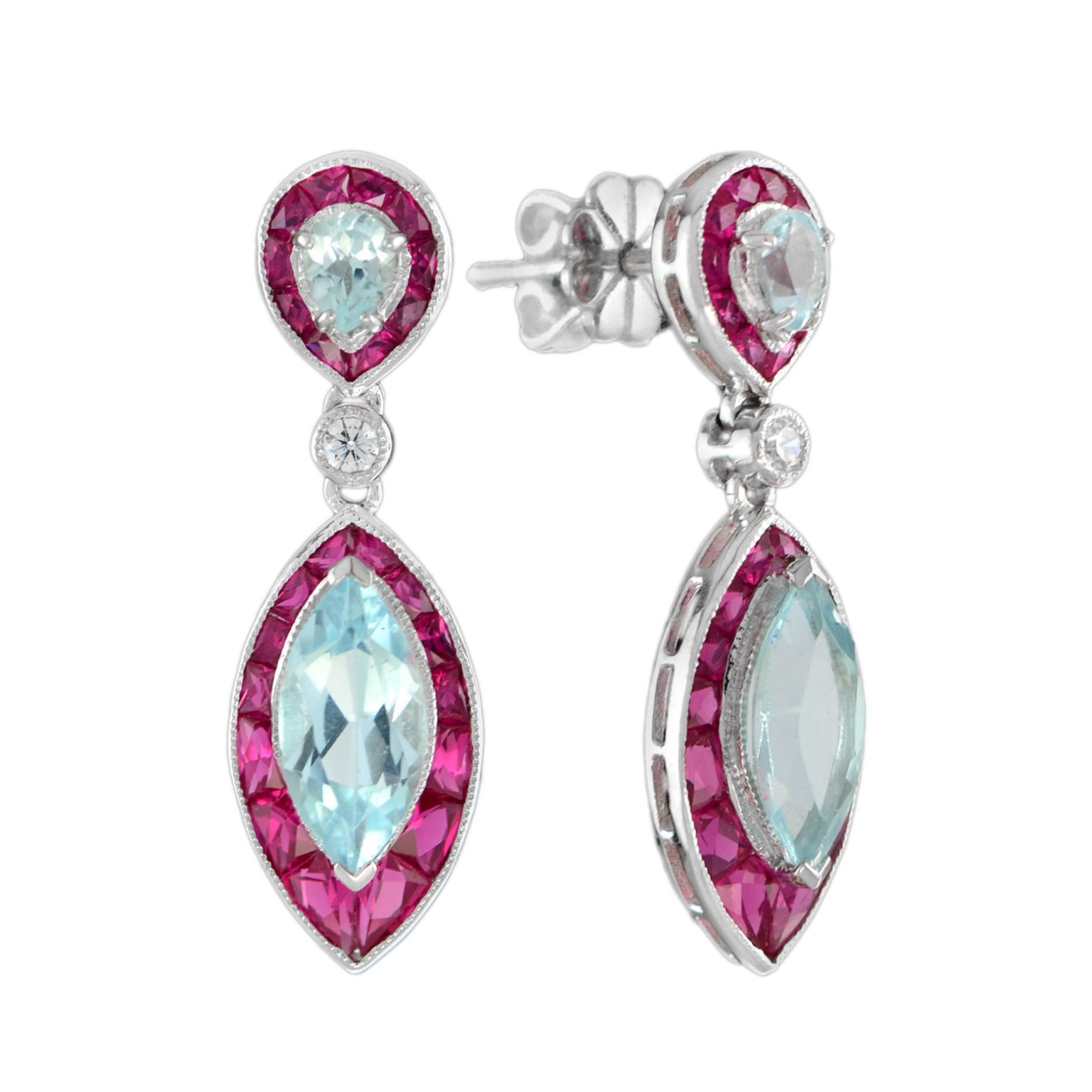 Blue Topaz Ruby and Diamond Marquise Shape Drop Earrings