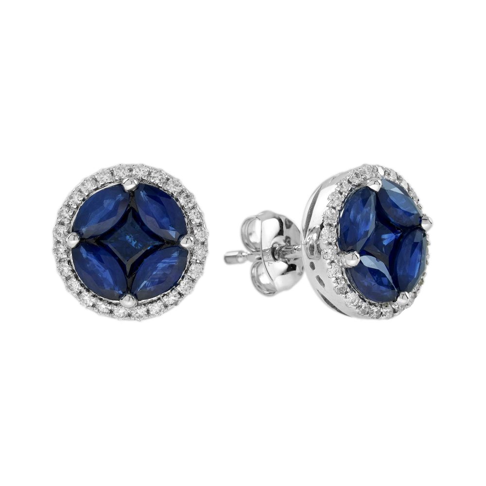 Illusion Set Blue Sapphire and Diamond Halo Stud Earrings