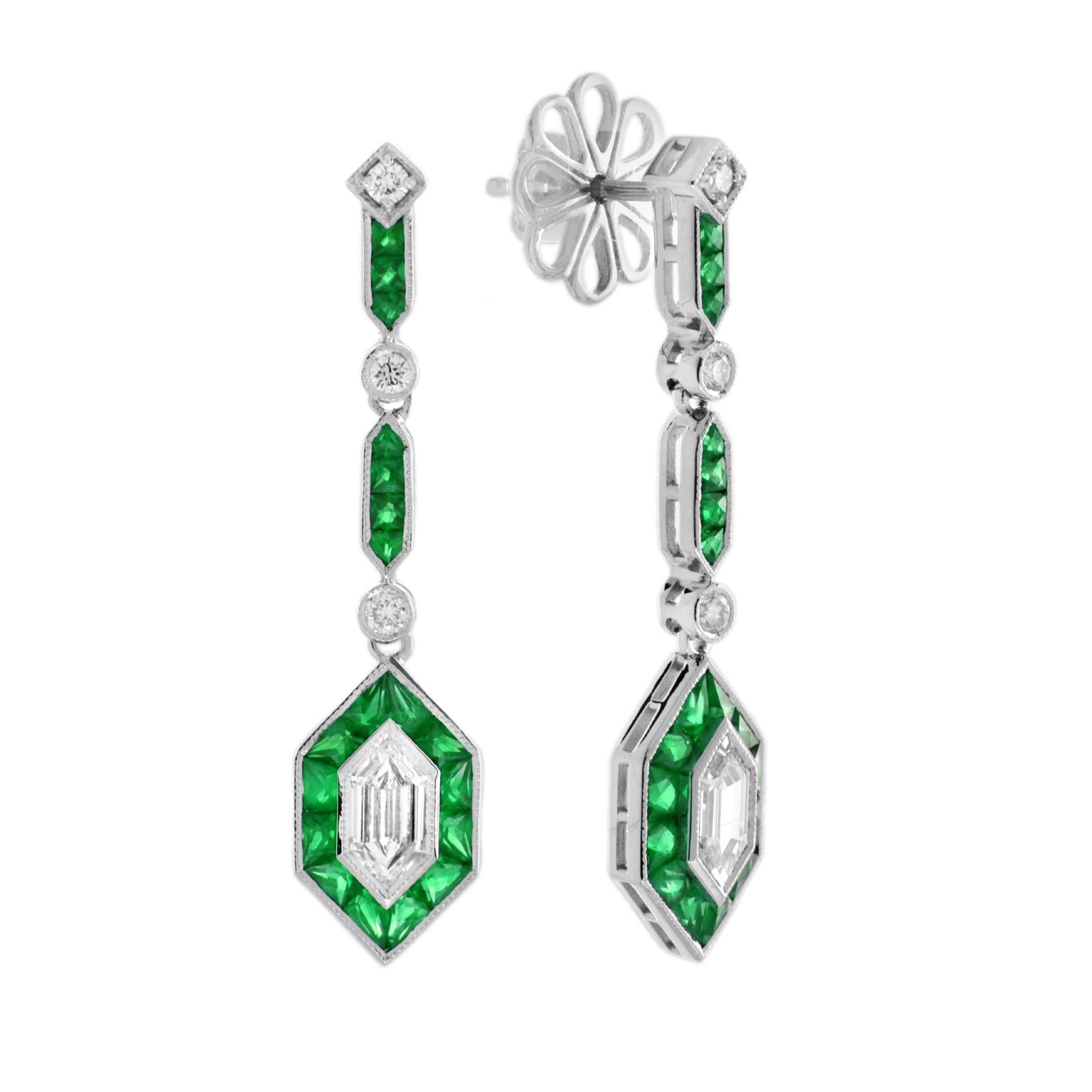Bullet Diamond and Emerald Art Deco Style Drop Earrings