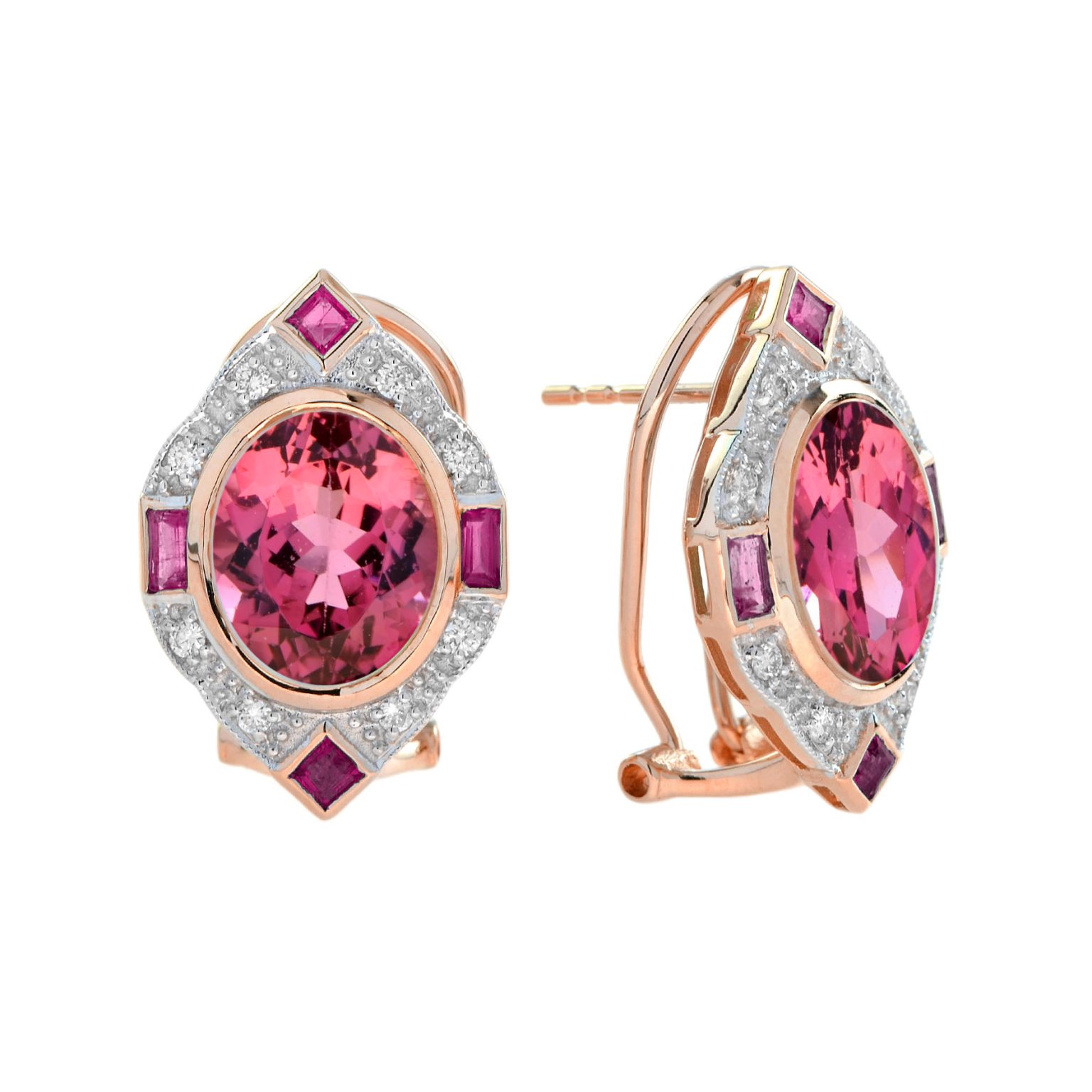 Pink Tourmaline Ruby and Diamond Vintage Inspired Earrings