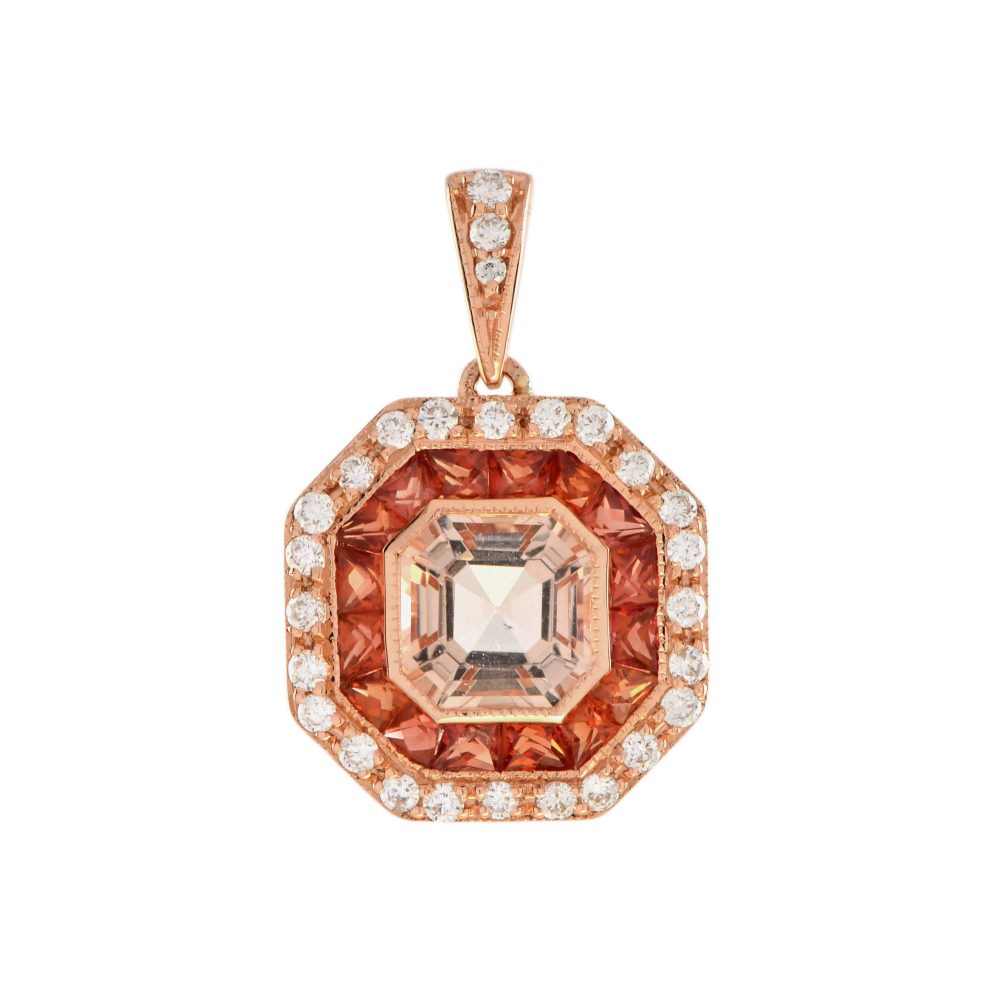 Morganite Orange Sapphire Diamond Art Deco Style Octagon Shape Pendant