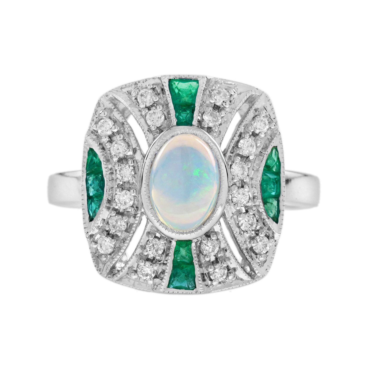 Ethiopian Opal Emerald Diamond Art Deco Style Cushion Shape Ring