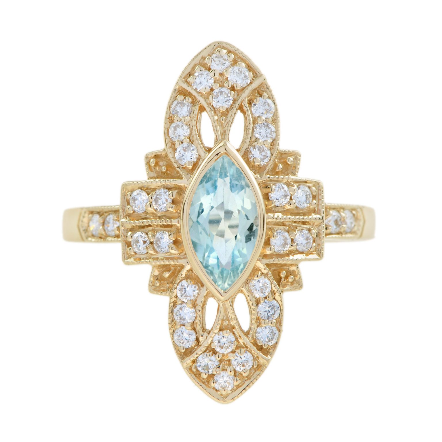 Aquamarine and Diamond Art Deco Style Marquise Shape Ring