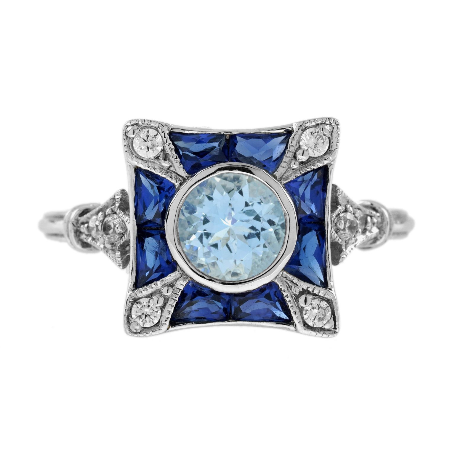 Aquamarine Sapphire Diamond Art Deco Style Engagement Ring