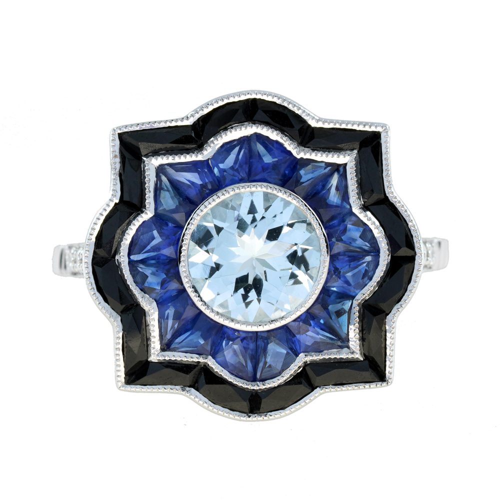 Aquamarine Sapphire Onyx Art Deco Style Target Engagement Ring