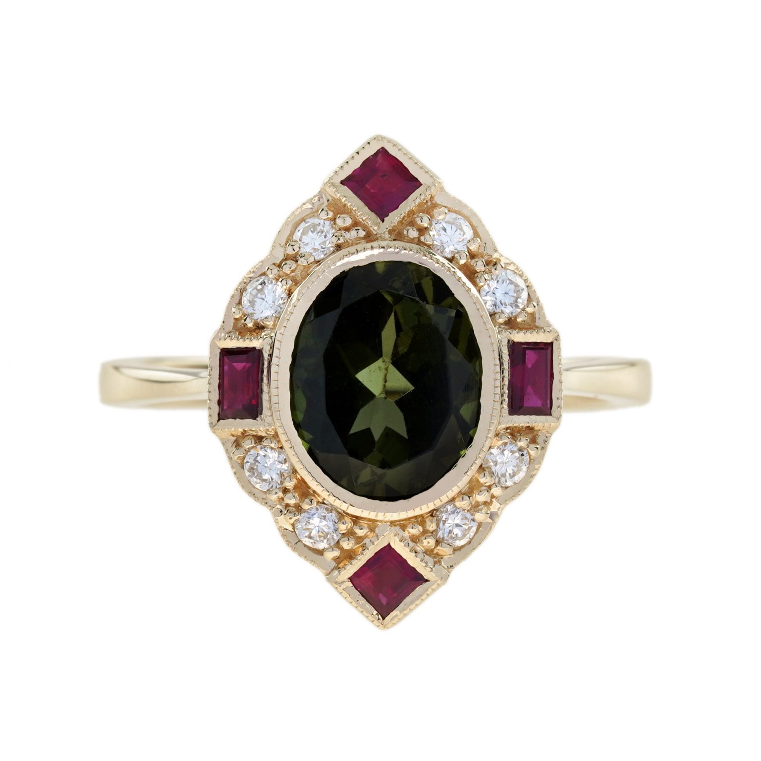 Green Tourmaline Ruby and Diamond Art Deco Style Halo Ring