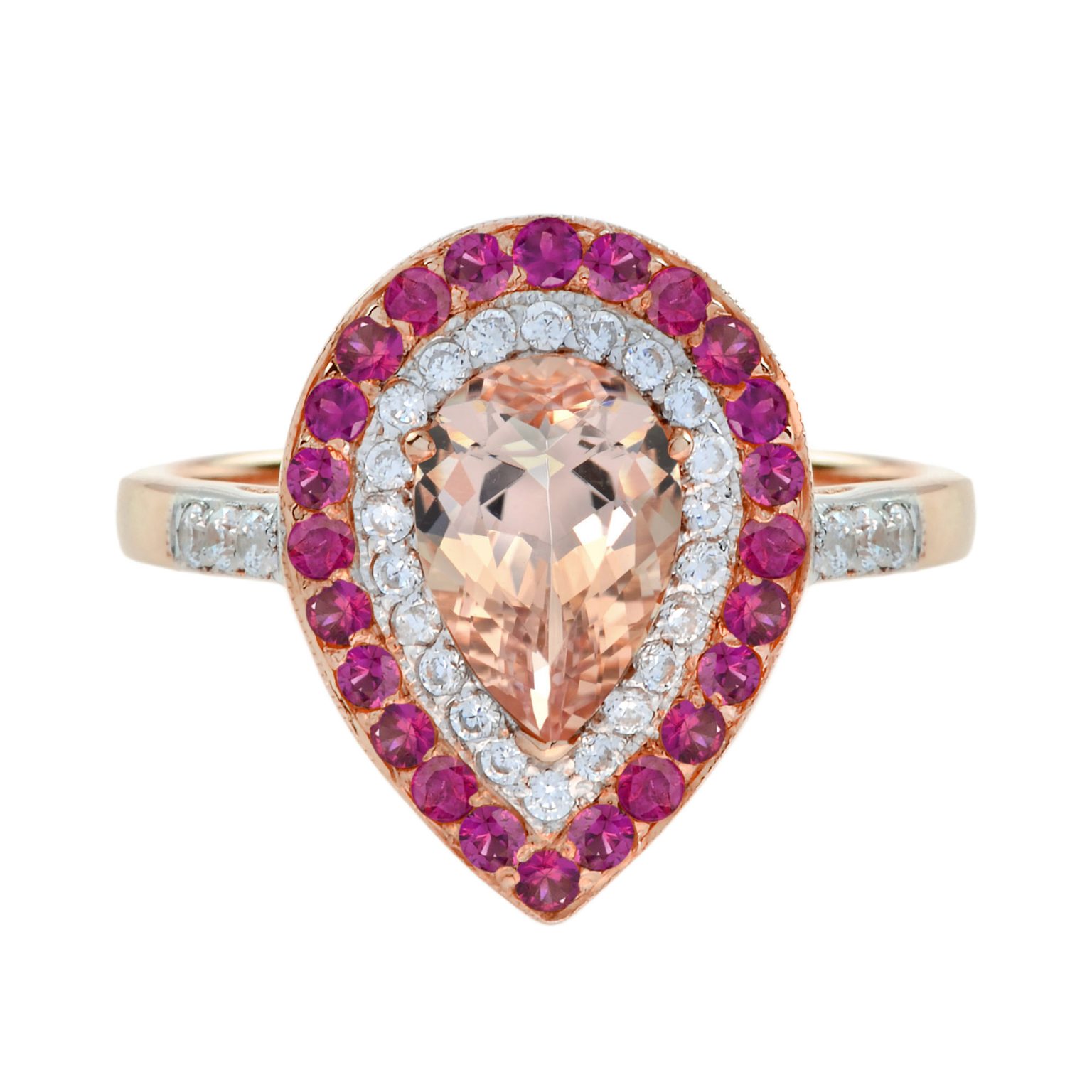 Morganite Diamond Ruby Pear Shaped Halo Engagement Ring