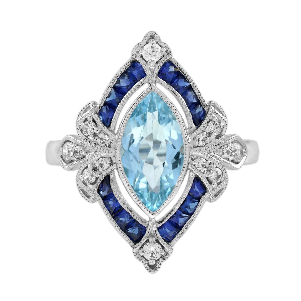 Marquise Aquamarine Sapphire Diamond Victorian Style Cocktail Ring