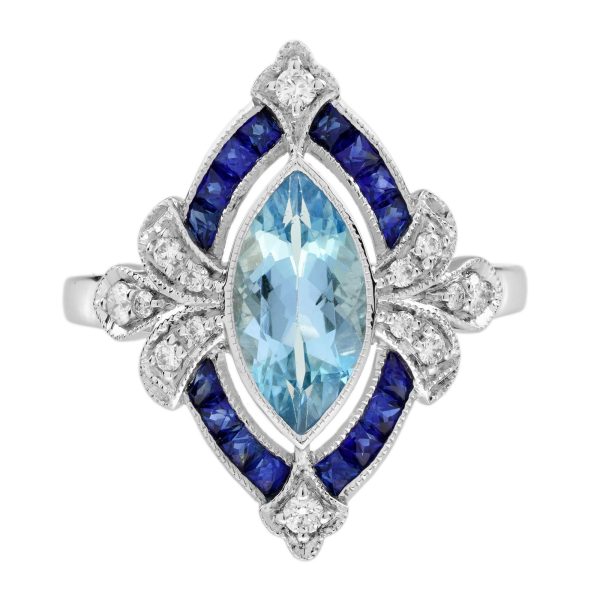 Marquise Aquamarine Sapphire Diamond Victorian Style Cocktail Ring - Image 9
