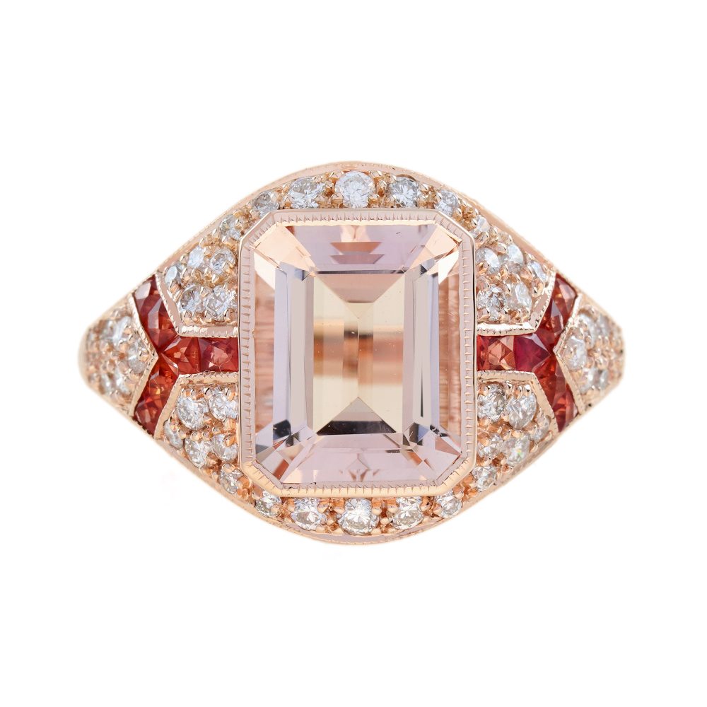 Morganite Orange Sapphire Diamond Art Deco Style Engagement Ring